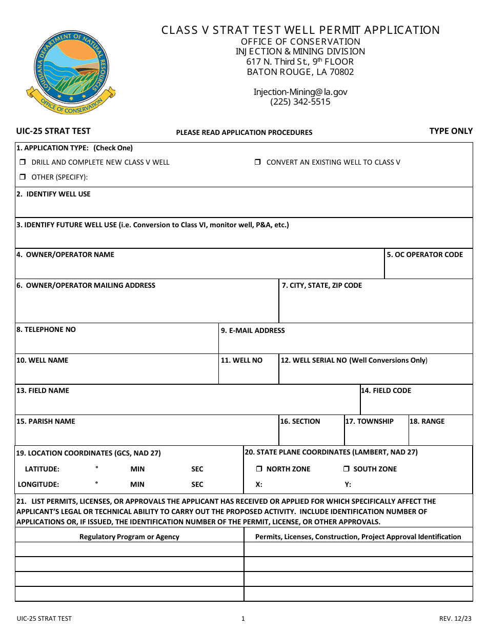 Form UIC-25 STRAT TEST Class V Strat Test Well Permit Application - Louisiana, Page 1