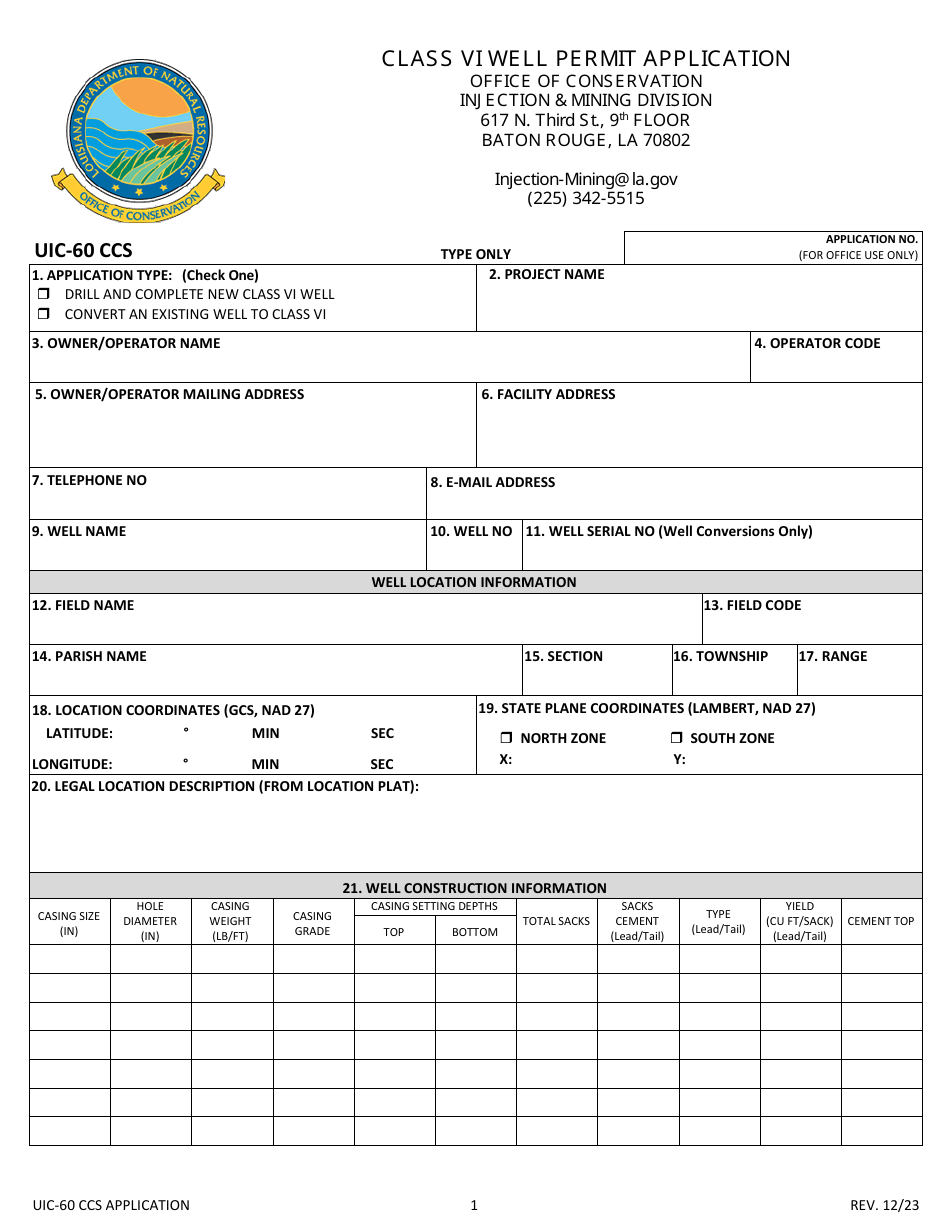 Form UIC-60 CCS Class VI Well Permit Application - Louisiana, Page 1