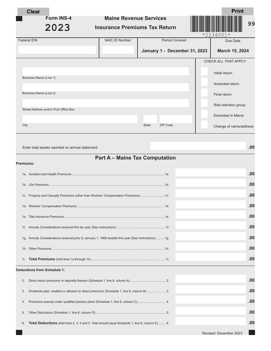 Form INS4 Download Fillable PDF or Fill Online Insurance Premiums Tax