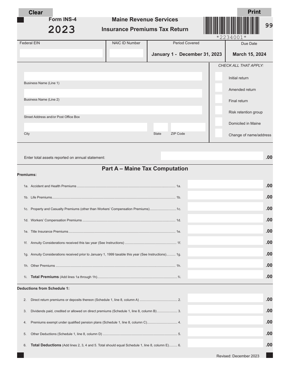 Form INS-4 Insurance Premiums Tax Return - Maine, Page 1