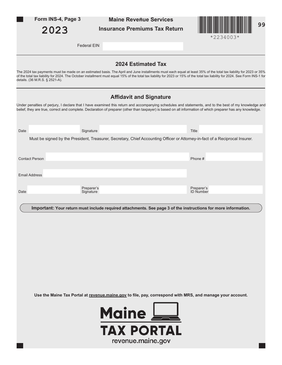 Form INS-4 Insurance Premiums Tax Return - Maine, Page 3
