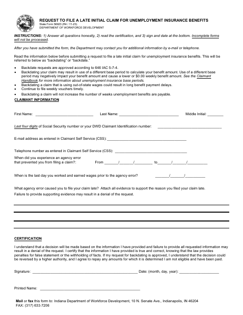 State Form 56923 Request to File a Late Initial Claim for Unemployment Insurance Benefits - Indiana