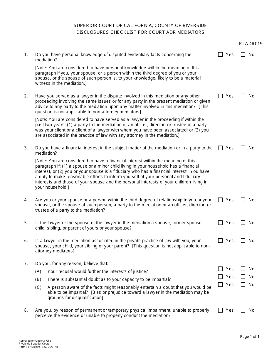 Form RI-ADR019 Disclosures Checklist for Court Adr Mediators - County of Riverside, California, Page 1