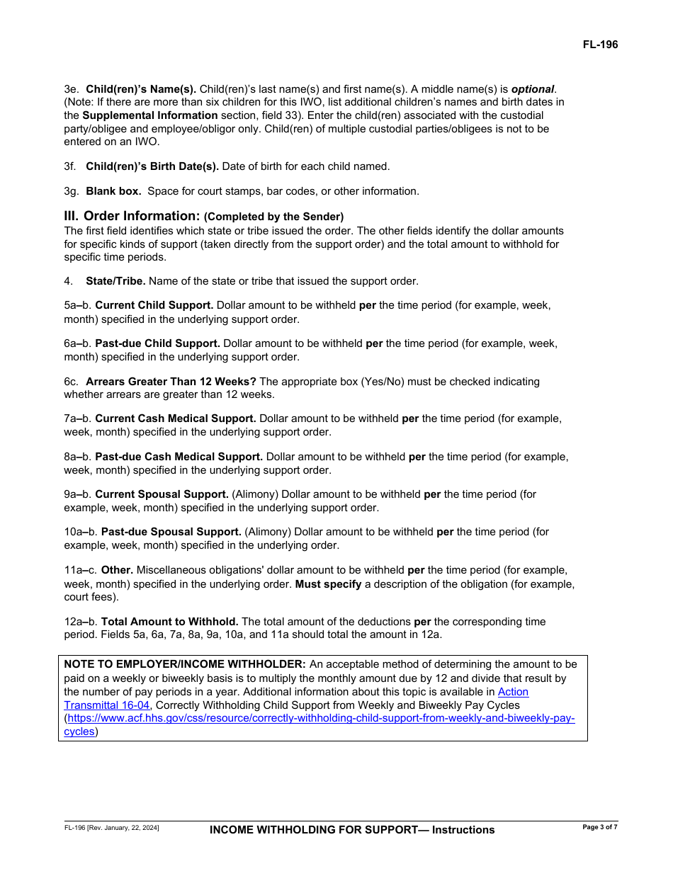Instructions for Form FL-195 Income Withholding for Support - California, Page 3
