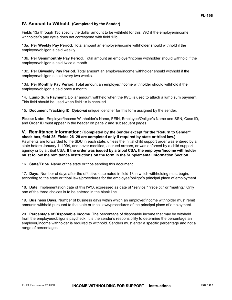 Instructions for Form FL-195 Income Withholding for Support - California, Page 4
