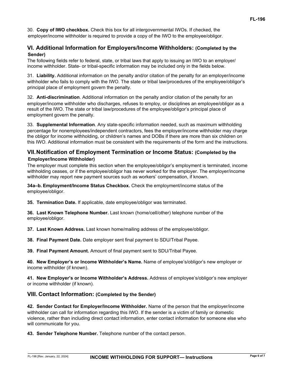 Instructions for Form FL-195 Income Withholding for Support - California, Page 6