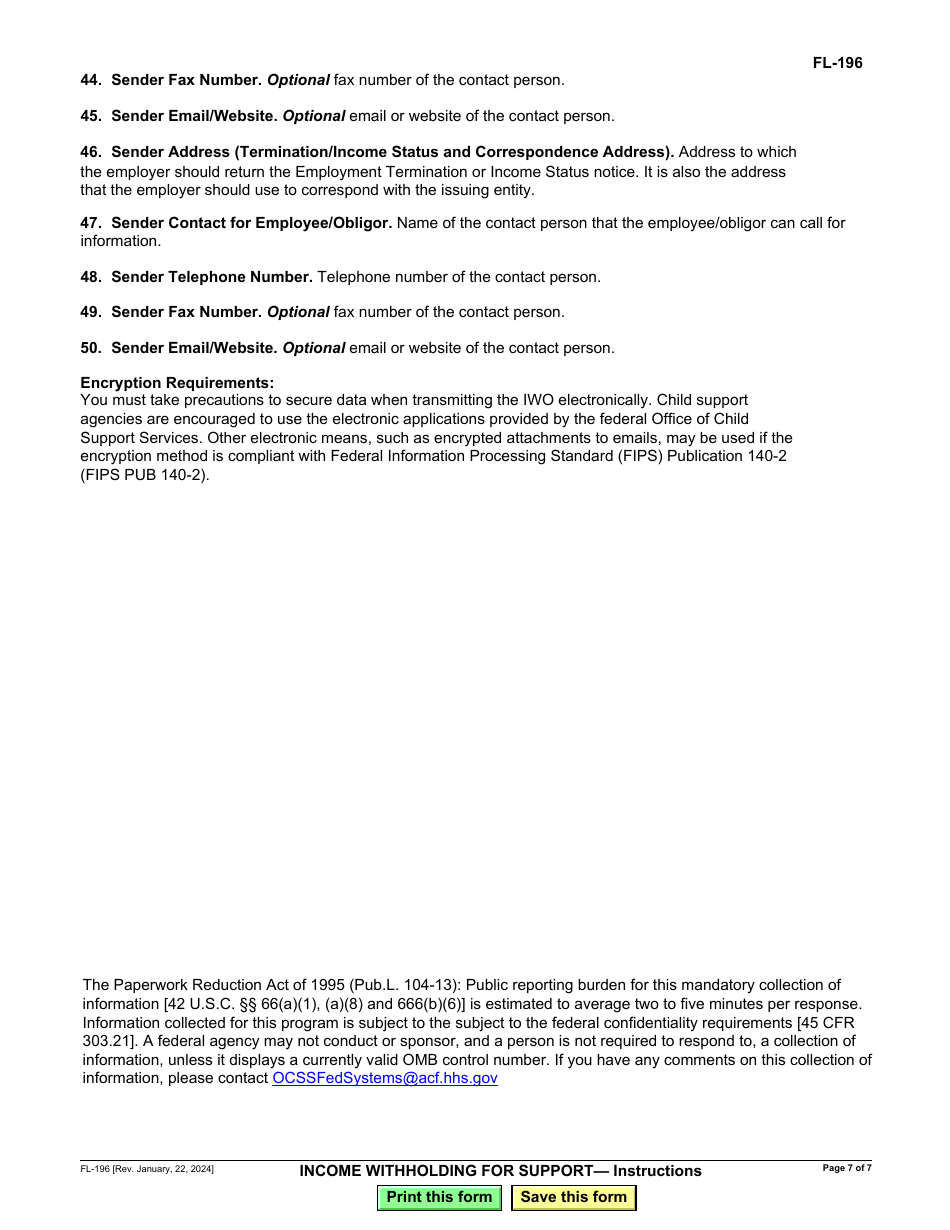Instructions for Form FL-195 Income Withholding for Support - California, Page 7