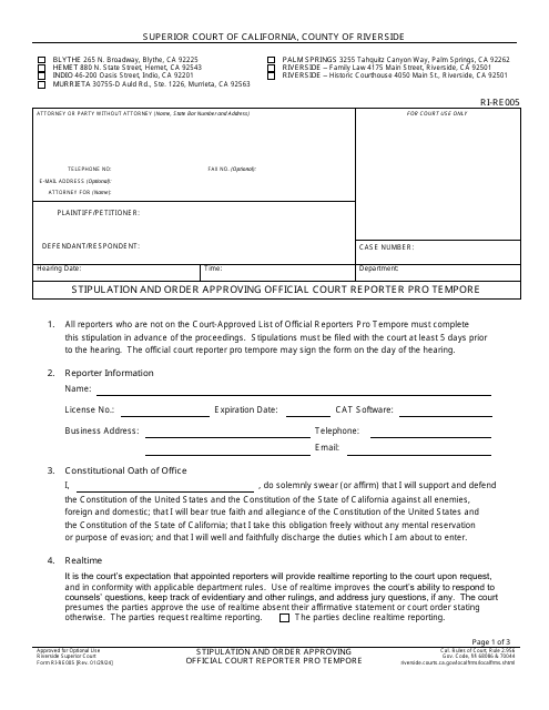 Form RI-RE005 Stipulation and Order Approving Official Court Reporter Pro Tempore - County of Riverside, California