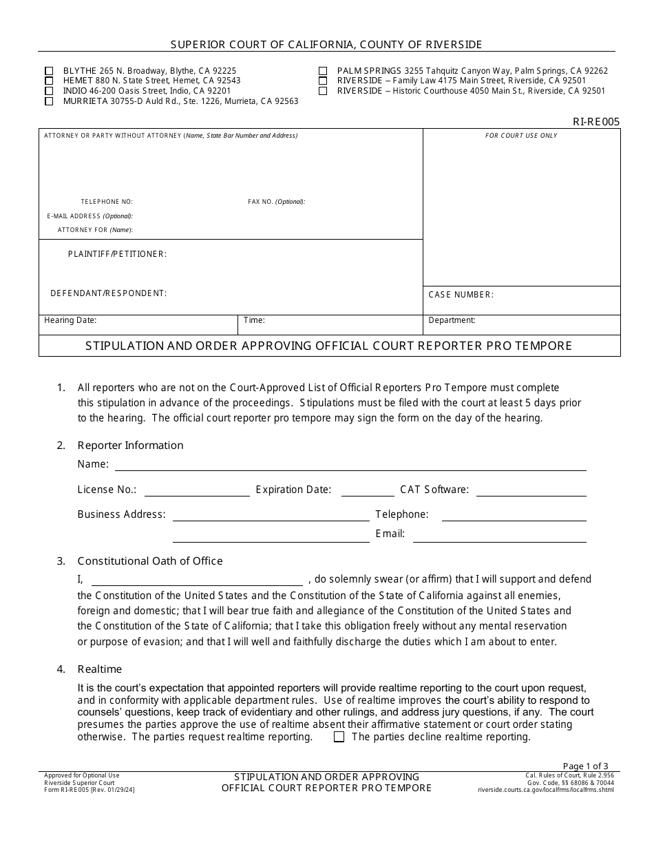Form RI-RE005 Stipulation and Order Approving Official Court Reporter Pro Tempore - County of Riverside, California, Page 1