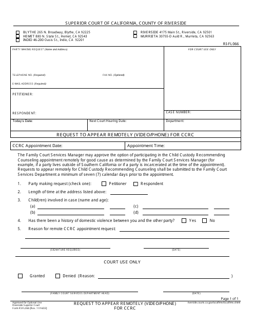 Form RI-FL066 Request to Appear Remotely (Video/Phone) for Ccrc - County of Riverside, California