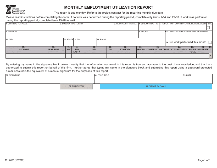 Form 731-0668 Monthly Employment Utilization Report - Oregon