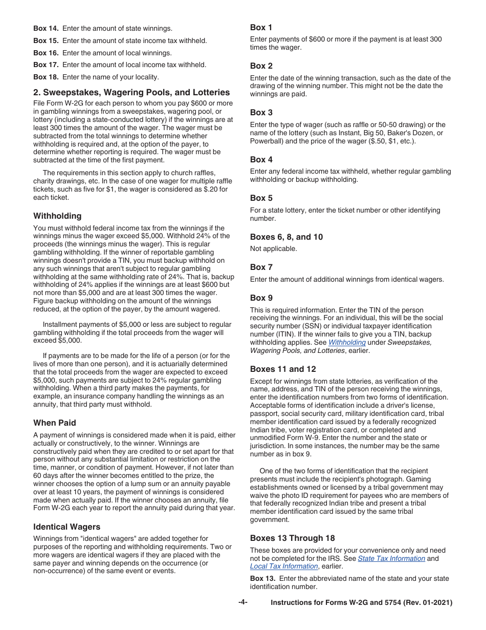 Instructions for IRS Form W-2G, 5754, Page 4