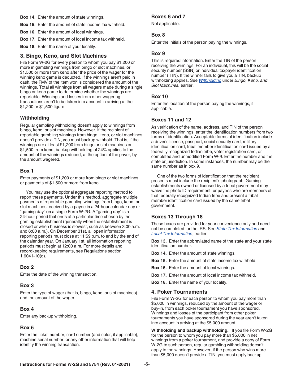 Instructions for IRS Form W-2G, 5754, Page 5