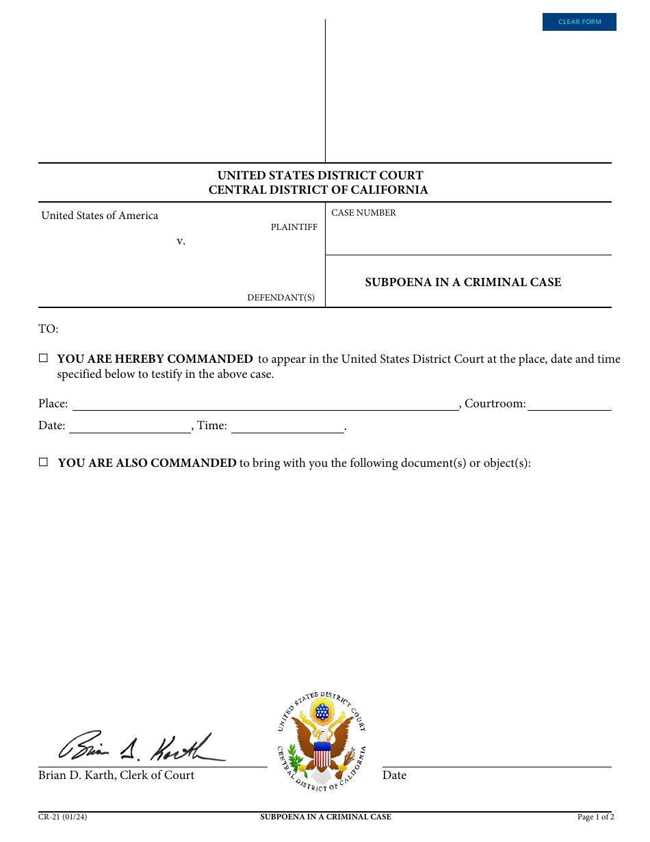Form CR-21 Subpoena in a Criminal Case - California, Page 1