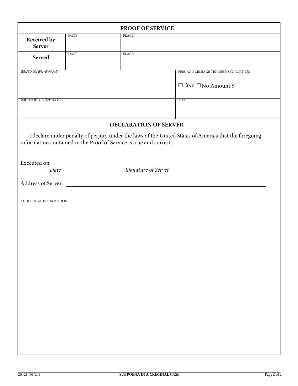 Form CR-21 Subpoena in a Criminal Case - California, Page 2