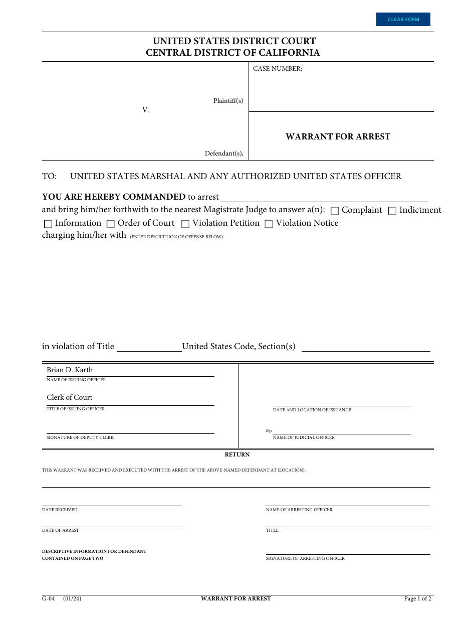 Form G-04 Download Fillable PDF or Fill Online Warrant for Arrest ...