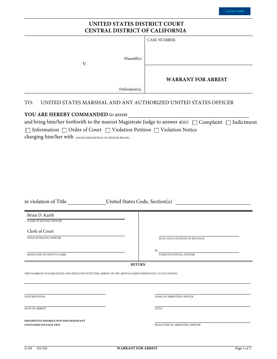 Form G-04 Warrant for Arrest - California, Page 1