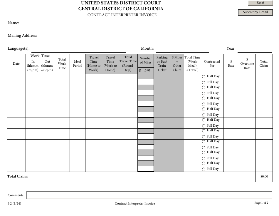 Form I-2 Contract Interpreter Invoice - California, Page 1