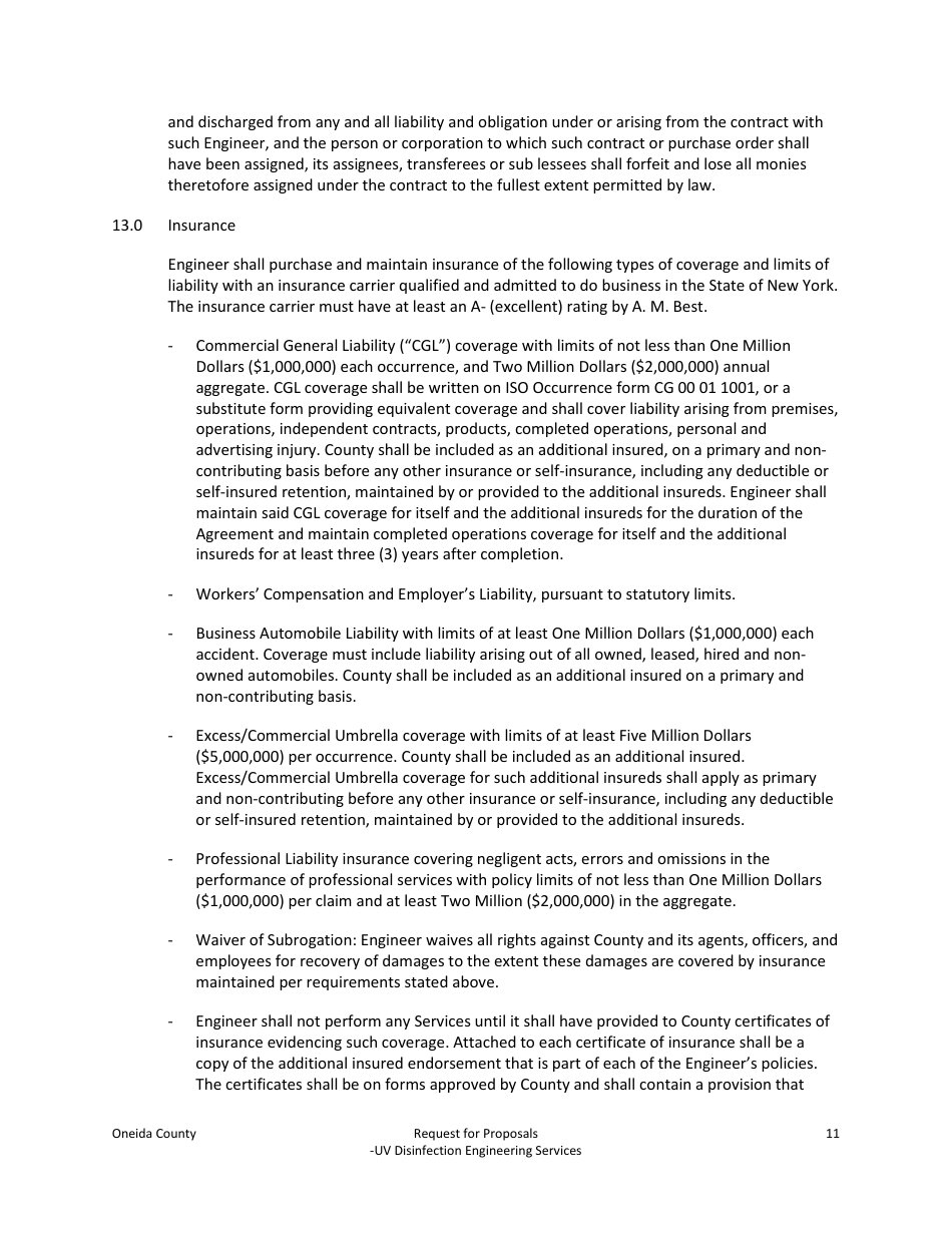 Request for Proposals - Uv Disinfection Engineering Services - Oneida County, New York, Page 11