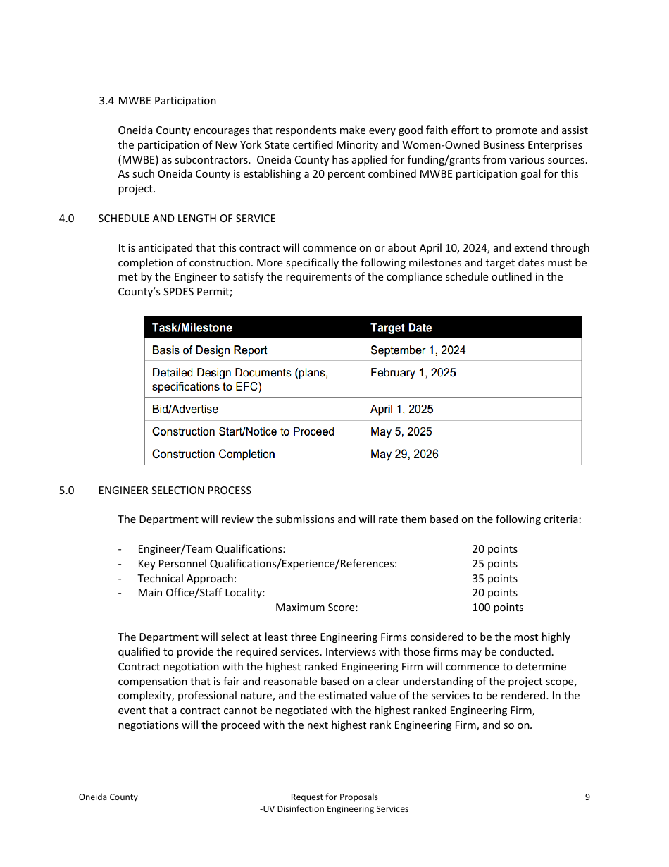 Request for Proposals - Uv Disinfection Engineering Services - Oneida County, New York, Page 9