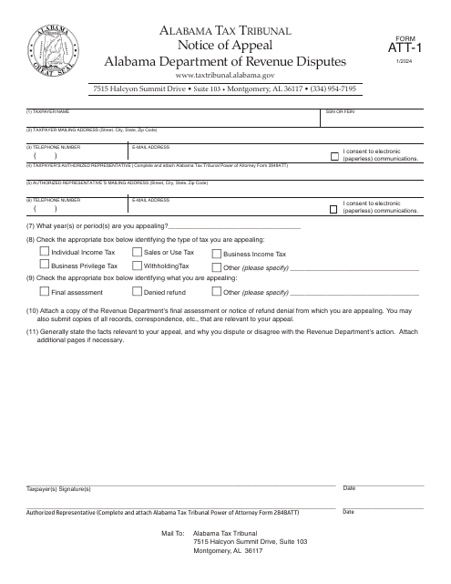 Form ATT-1 Notice of Appeal - Alabama Department of Revenue Disputes - Alabama