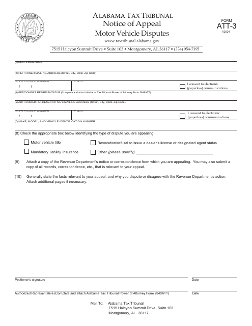 Form ATT-3 Notice of Appeal - Motor Vehicle Disputes - Alabama
