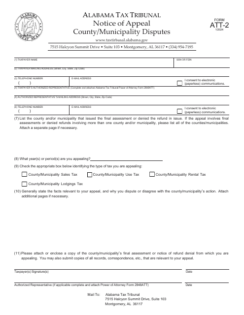 Form ATT-2 Notice of Appeal - County/Municipality Disputes - Alabama