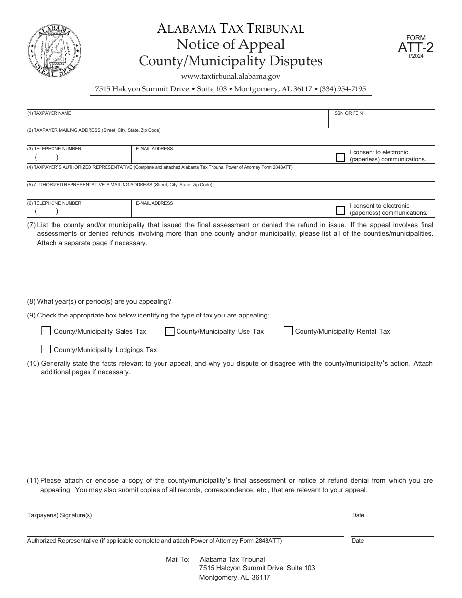Form ATT-2 Notice of Appeal - County / Municipality Disputes - Alabama, Page 1