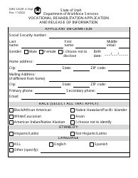 Document preview: Form DWS-USOR4-16PT Vocational Rehabilitation Application and Release of Information - Large Print - Utah