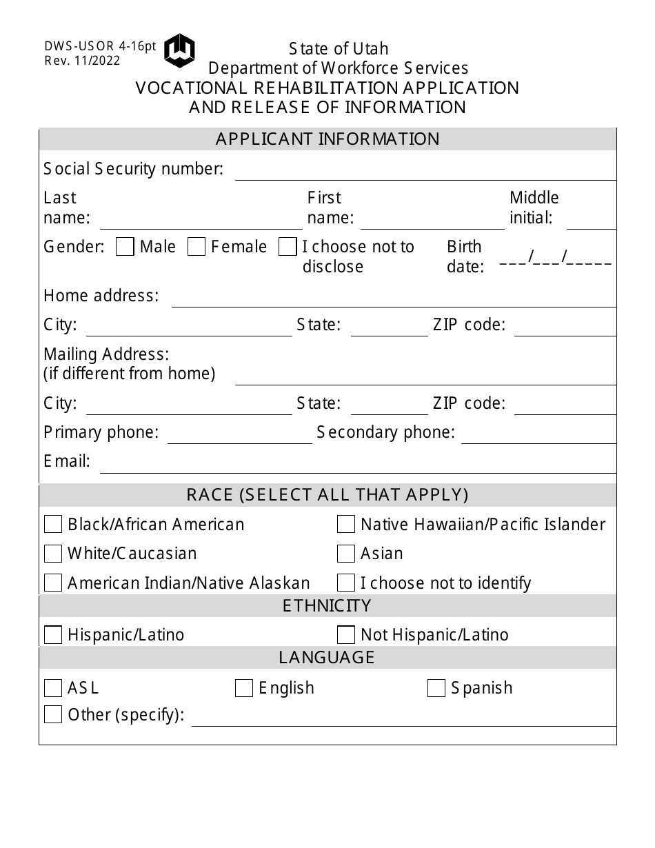 Form DWS-USOR4-16PT Vocational Rehabilitation Application and Release of Information - Large Print - Utah, Page 1