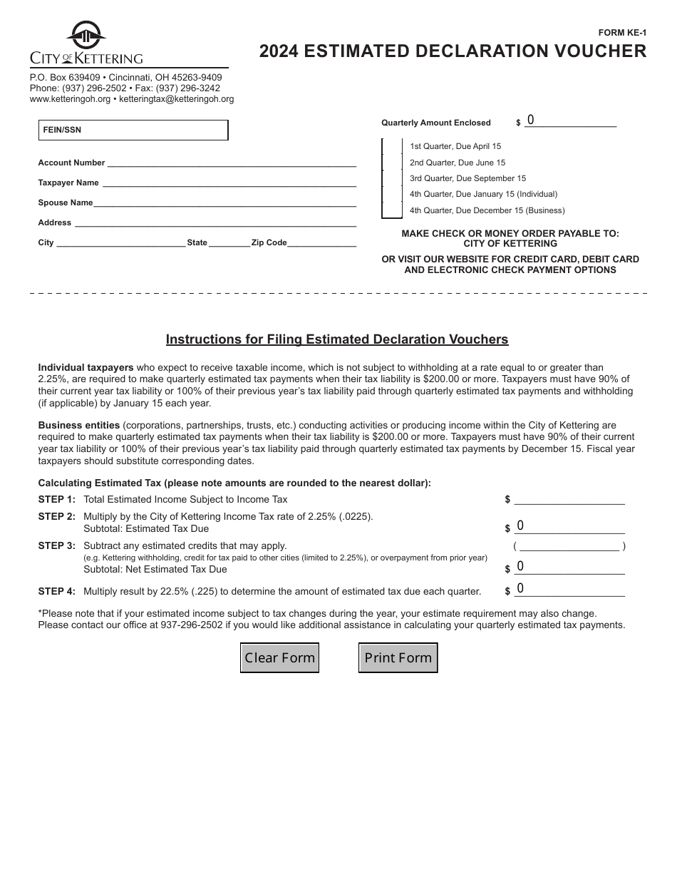 Form KE-1 Estimated Declaration Voucher - City of Kettering, Ohio, Page 1
