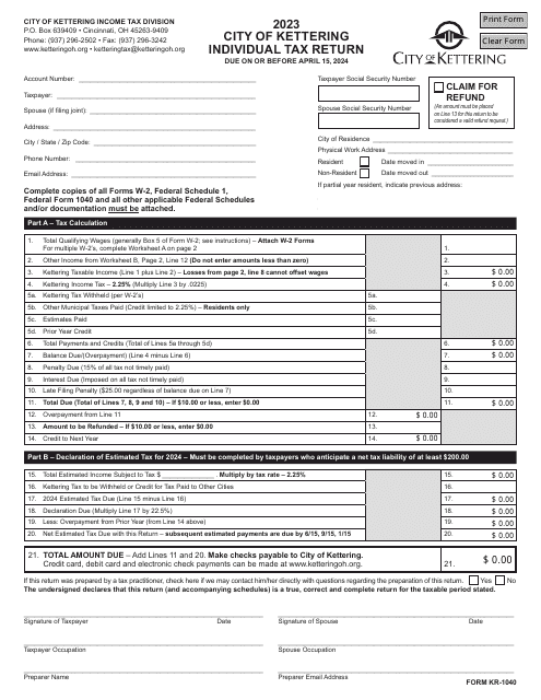 Form KR-1040 Individual Tax Return - City of Kettering, Ohio, 2023
