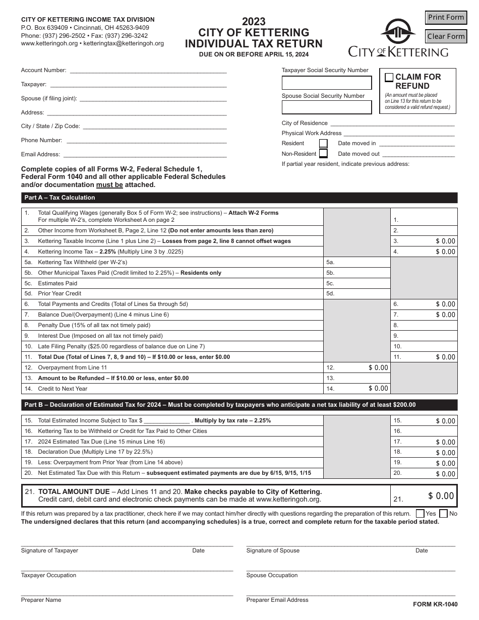Form KR-1040 Individual Tax Return - City of Kettering, Ohio, Page 1