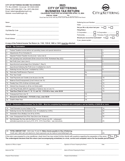 Form KBR-1040 Business Tax Return - City of Kettering, Ohio, 2023