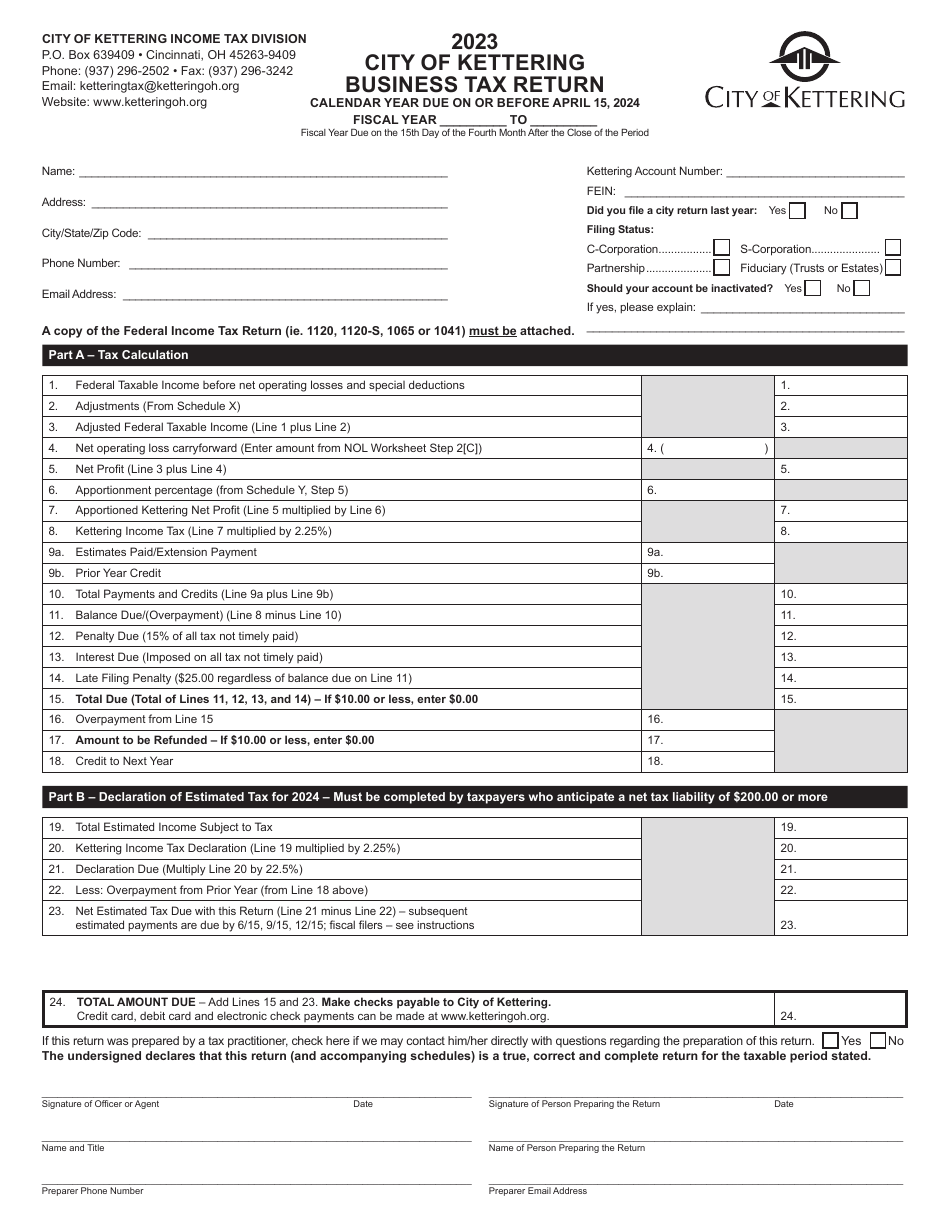Form KBR-1040 Business Tax Return - City of Kettering, Ohio, Page 1