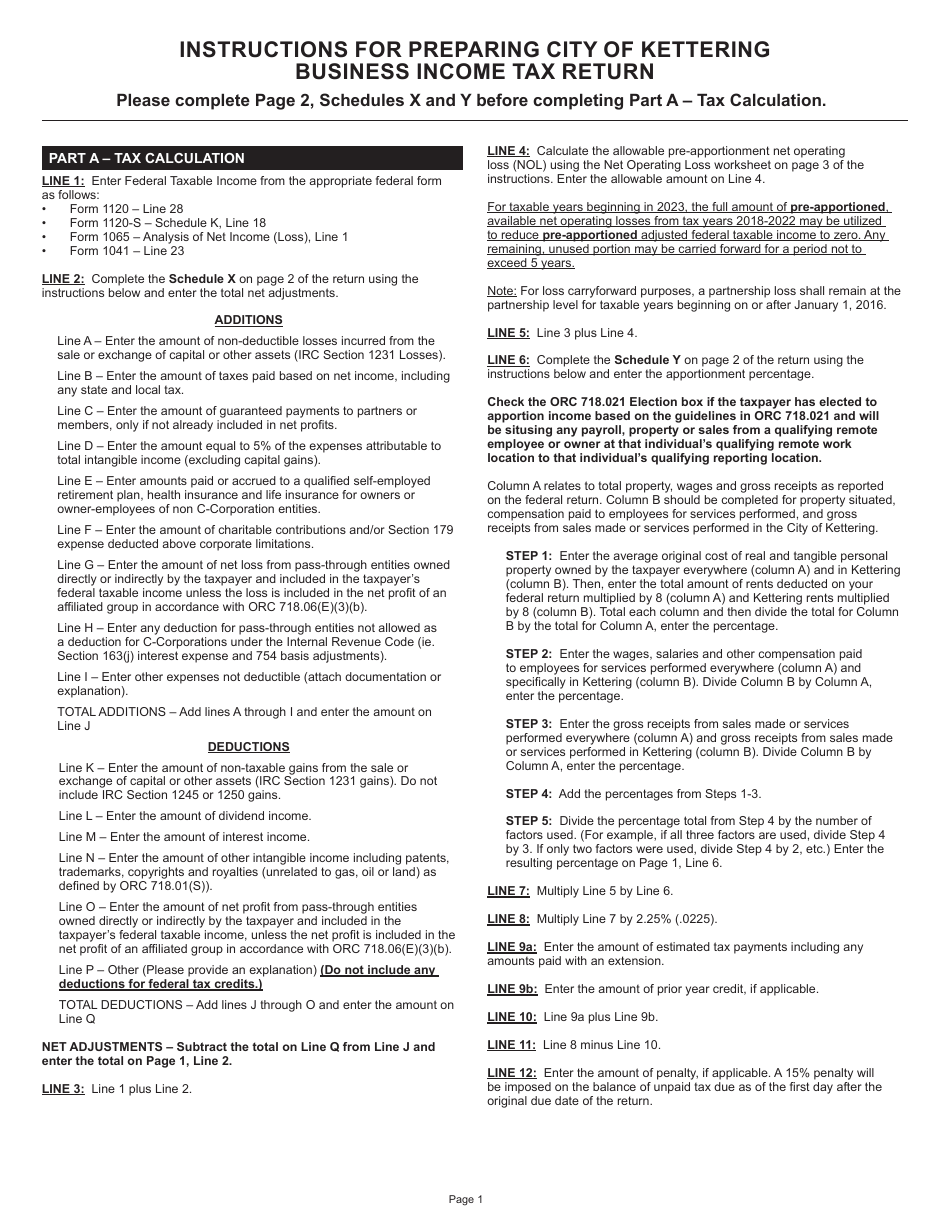 Instructions for Form KBR-1040 Business Tax Return - City of Kettering, Ohio, Page 1