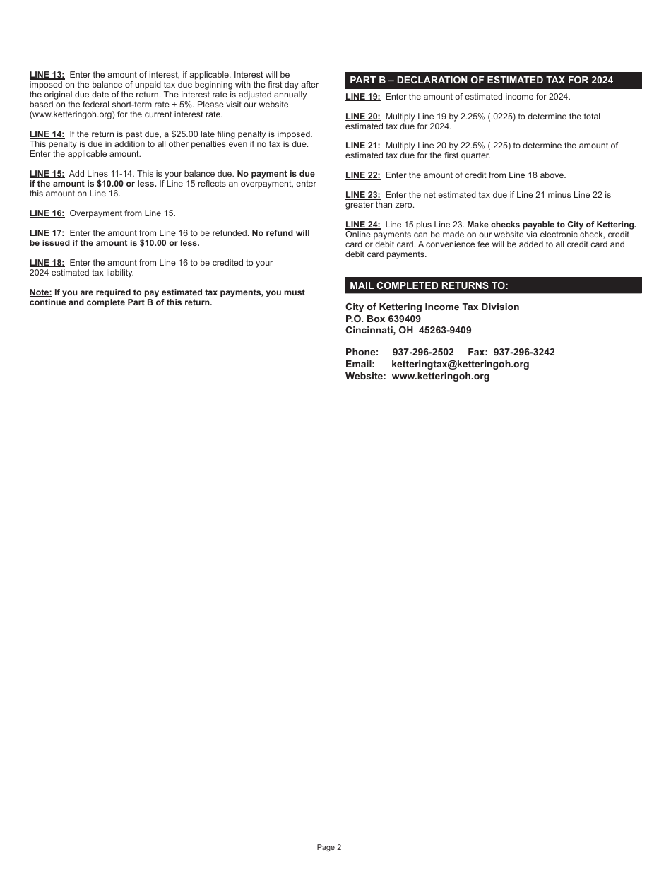 Instructions for Form KBR-1040 Business Tax Return - City of Kettering, Ohio, Page 2