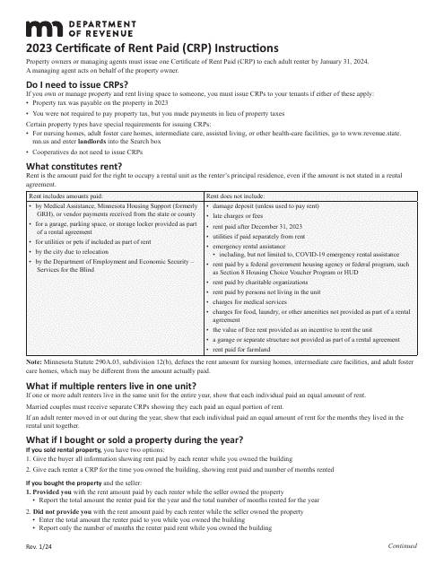 Instructions for Form CRP Certificate of Rent Paid (Crp) - Minnesota, 2023