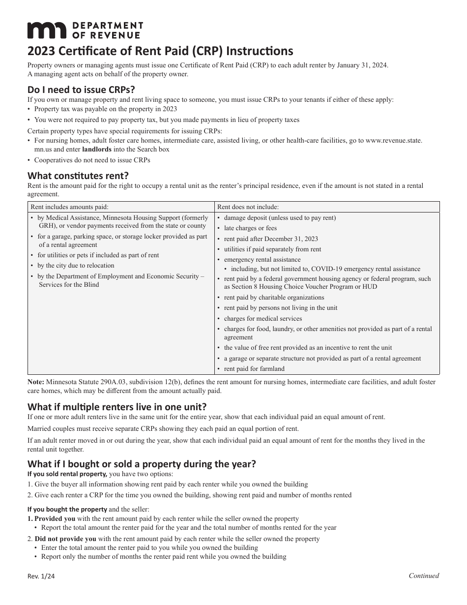 Instructions for Form CRP Certificate of Rent Paid (Crp) - Minnesota, Page 1