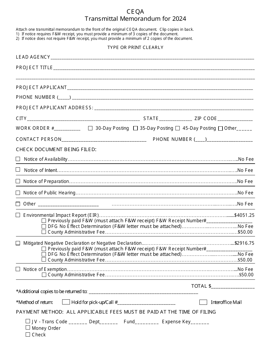 2024 Kern County, California Ceqa Transmittal Memorandum Fill Out