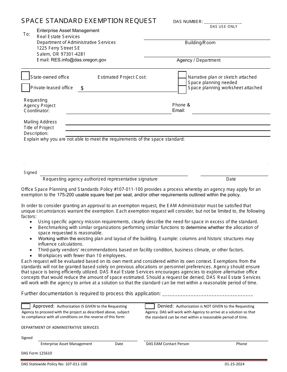 DAS Form 125610 Space Standard Exemption Request - Oregon, Page 2