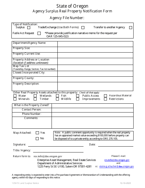 Form 125615 Agency Surplus Real Property Notification Form - Oregon