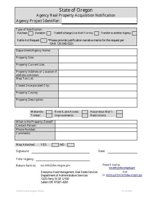 Form 125614 Agency Real Property Acquisition Notification - Oregon