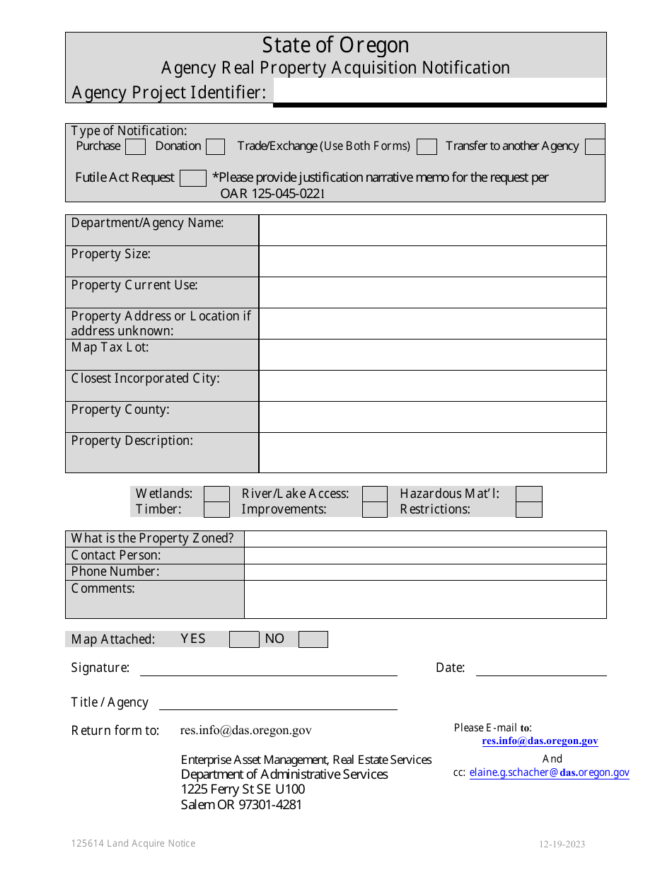 Form 125614 Agency Real Property Acquisition Notification - Oregon, Page 1