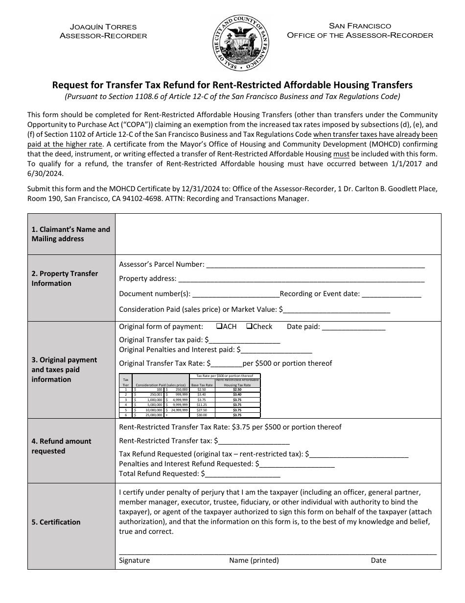 Request for Transfer Tax Refund for Rent-Restricted Affordable Housing Transfers - City and County of San Francisco, California, Page 1