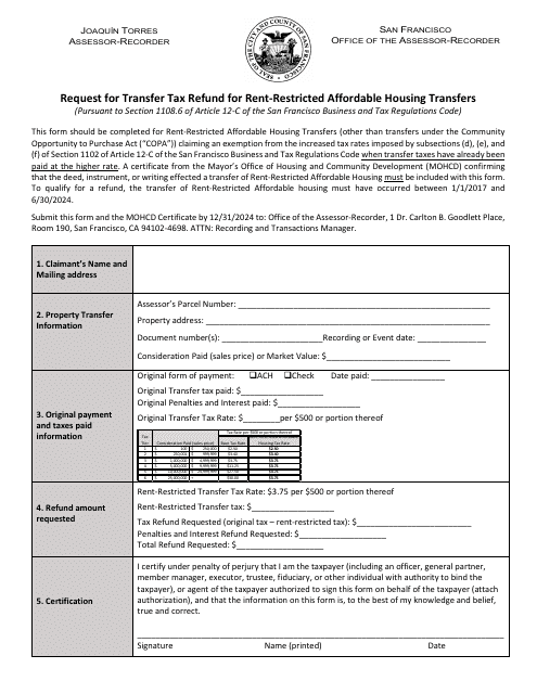 Request for Transfer Tax Refund for Rent-Restricted Affordable Housing Transfers - City and County of San Francisco, California Download Pdf