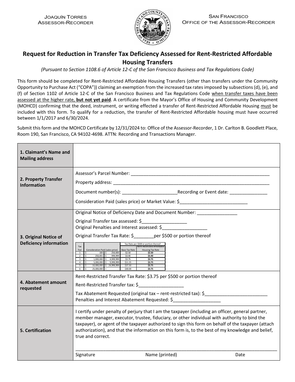 Request for Reduction in Transfer Tax Deficiency Assessed for Rent-Restricted Affordable Housing Transfers - City and County of San Francisco, California, Page 1