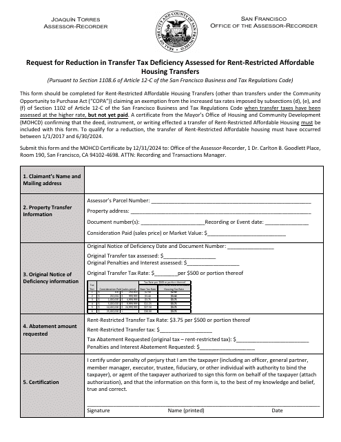 Request for Reduction in Transfer Tax Deficiency Assessed for Rent-Restricted Affordable Housing Transfers - City and County of San Francisco, California, 2024