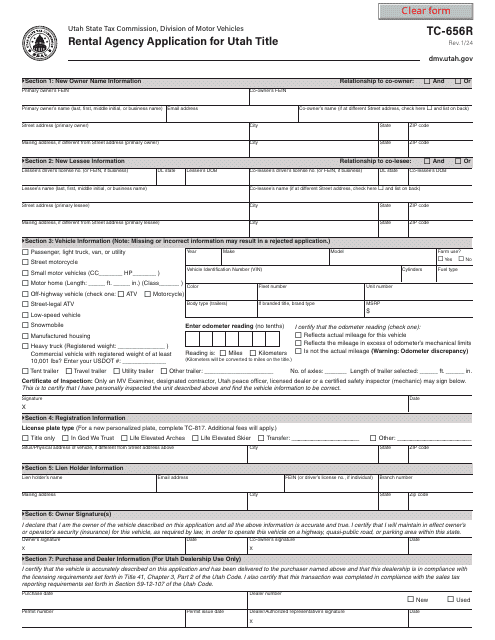 Form TC-656R Rental Agency Application for Utah Title - Utah
