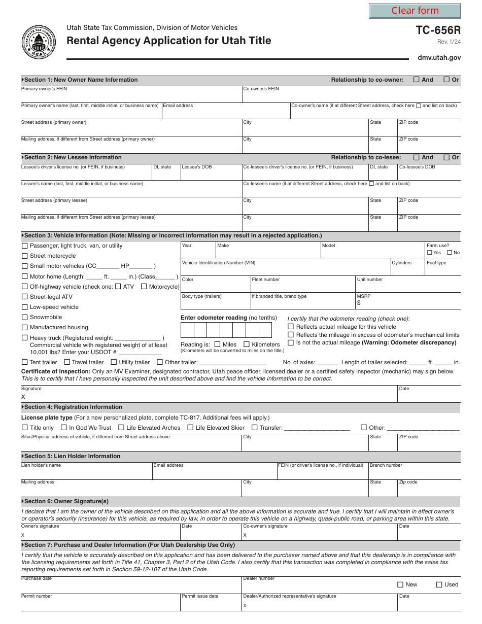 Form TC-656R Rental Agency Application for Utah Title - Utah, Page 1
